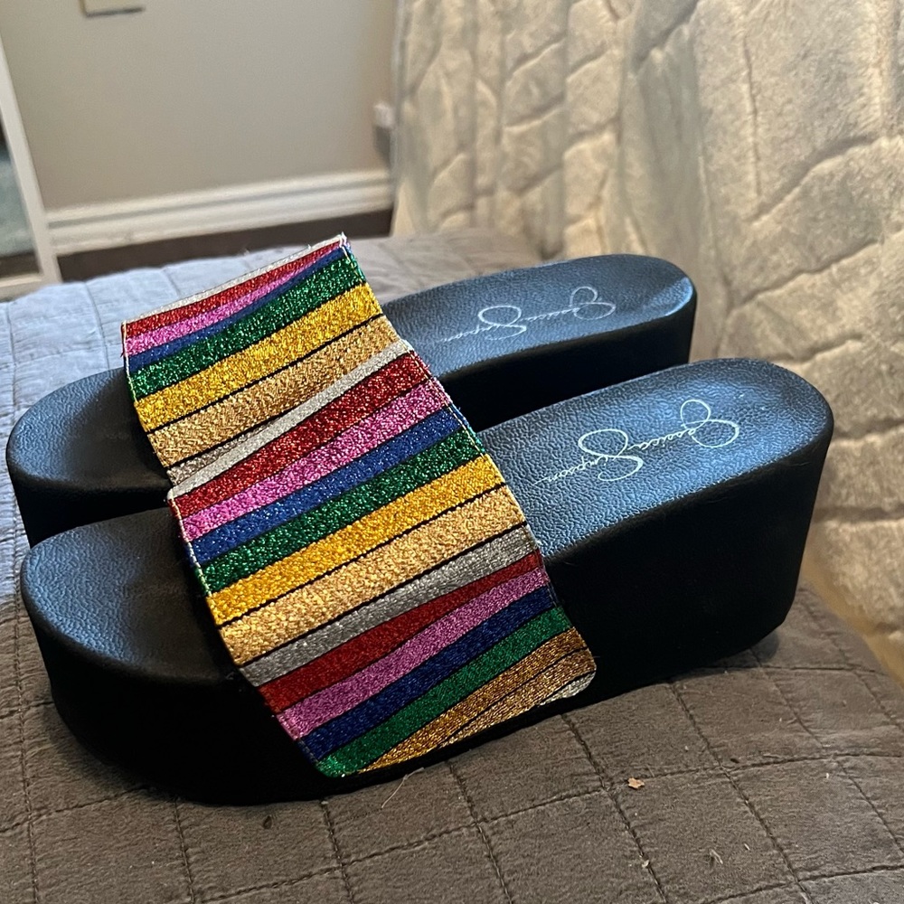 Jessica Simpson 🌈 metallic Faille slides, size 8, Like New condition